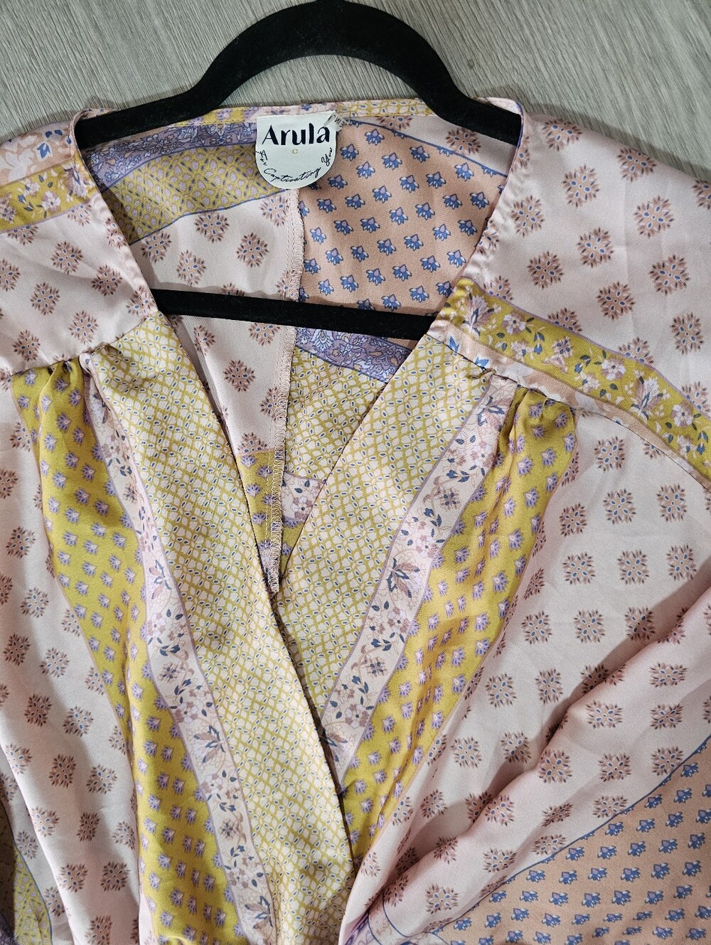 Arula Patchwork Satin Mini Dress Tunic Sz C 3X 22/24 Boho Long Sleeve No Belt - Picture 3 of 10